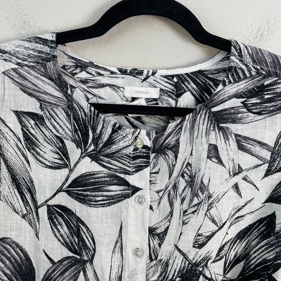 C&C California Womens Plus 1X 100% Linen Black White Floral Button Up Tunic Top - Picture 9 of 12